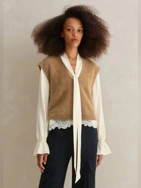 ME+EM V-Neck Sweater Vest 100% Brushed Cashmere Cropped Women Camel Size S
